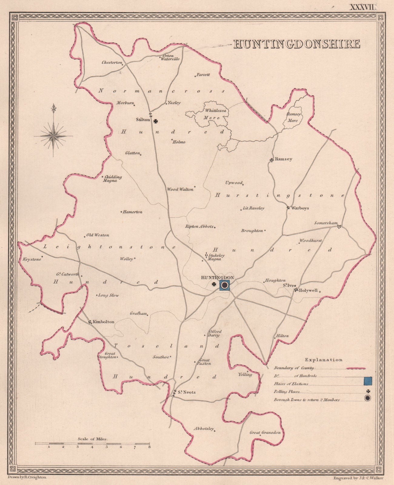 HUNTINGDONSHIRE antique county map by CREIGHTON/WALKER. Electoral 1835 old